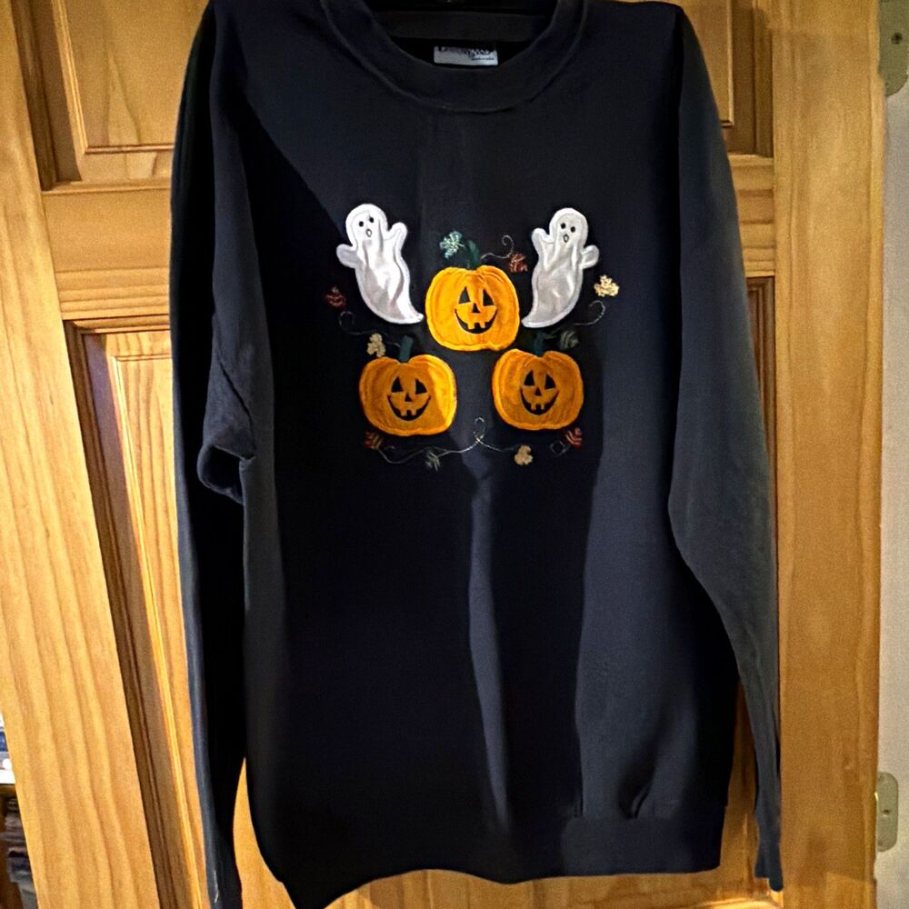 Women’s Graphic Print Halloween Ghost Pumpkin Crewneck Pullover Sweatshirt L